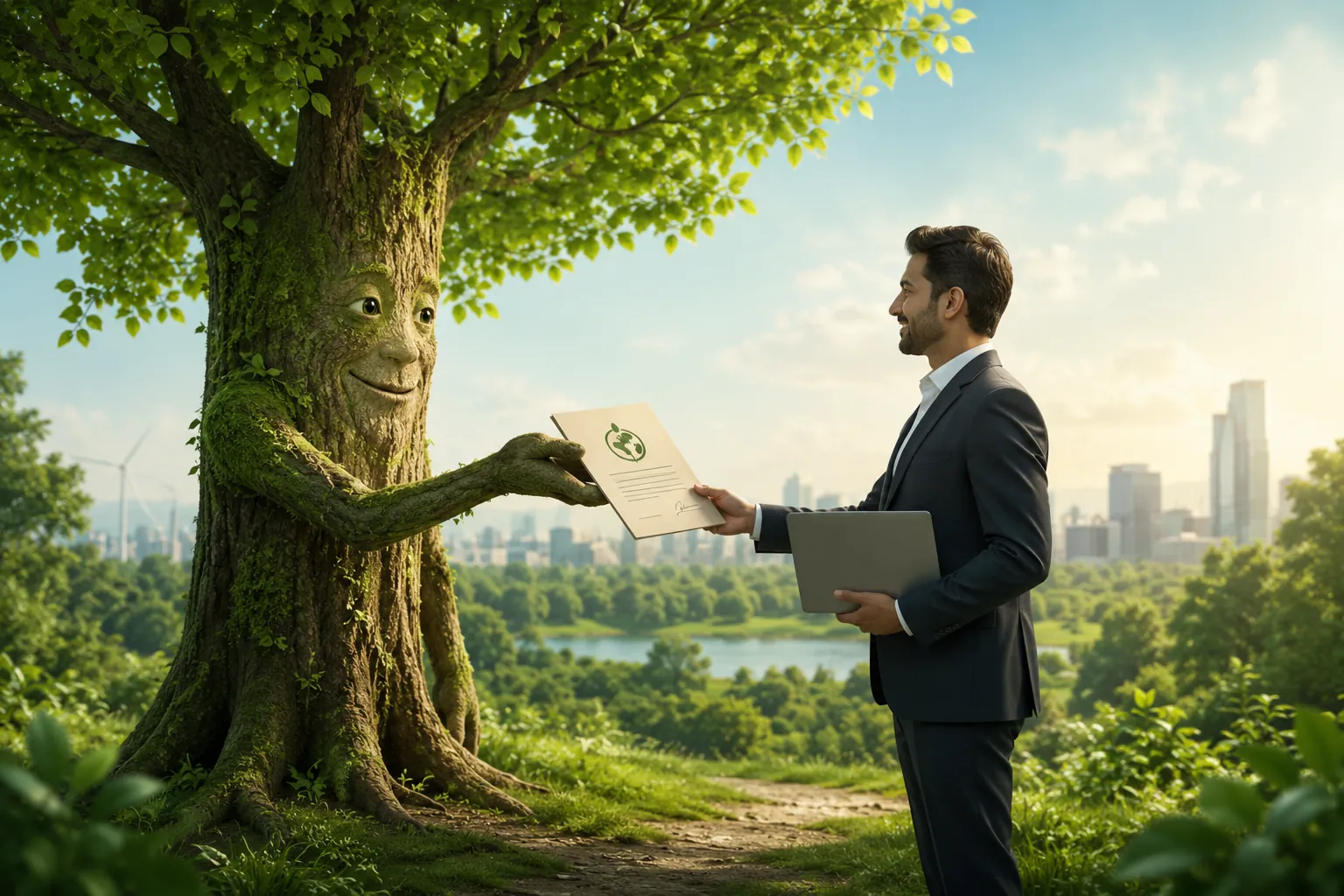 Independent Carbon Credit Consultants — Natural Credits advisor handing a verified carbon credit certificate to a business client